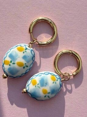 Hand-Painted Ceramic Lemon Drop Hoop Earrings - Blue & Yellow